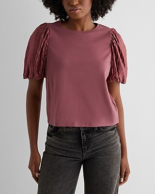 Skimming Crew Neck Pleated Puff Sleeve Tee