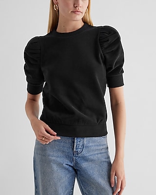 Crew Neck Short Puff Sleeve Fleece Sweatshirt Black Women's S