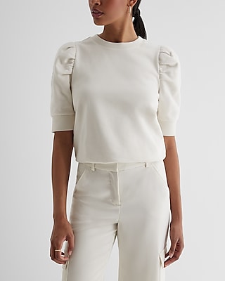 Crew Neck Short Puff Sleeve Fleece Sweatshirt White Women's S