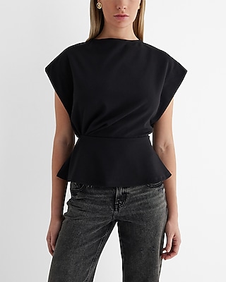 Crew Neck Short Sleeve Draped Peplum Top Black Women's S