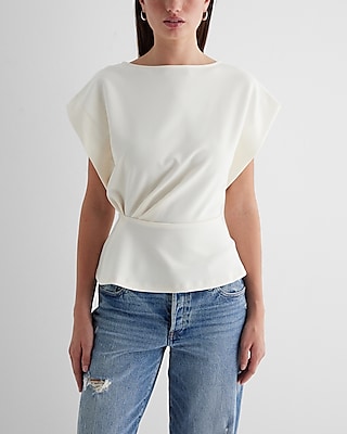 Crew Neck Short Sleeve Draped Peplum Top White Women's S