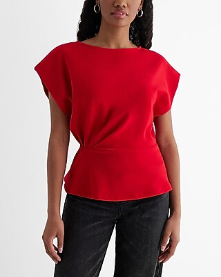 Crew Neck Short Sleeve Draped Peplum Top Red Women's XS