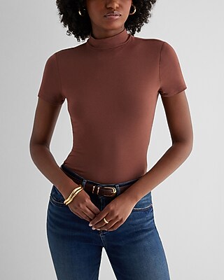 Supersoft Fitted Mock Neck Short Sleeve Bodysuit Brown Women's M