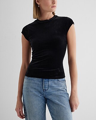 Bodycon Velvet Crew Neck Short Sleeve Tee Black Women's L