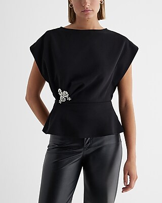 Embellished Rhinestone Crew Neck Short Sleeve Draped Peplum Top