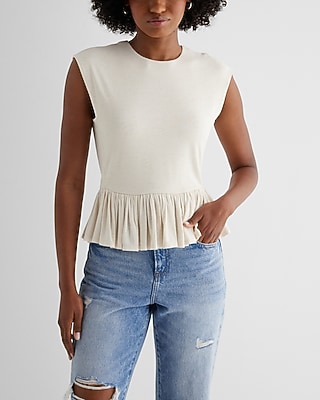 Skimming Linen-Blend Crew Neck Peplum Tee White Women's XS