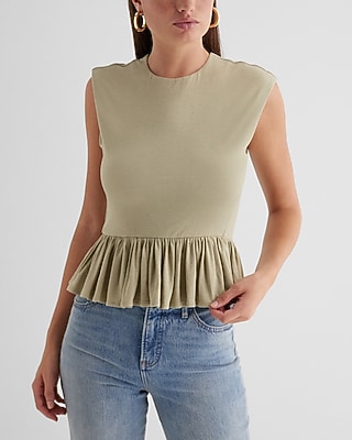 Skimming Linen-Blend Crew Neck Peplum Tee Green Women's M