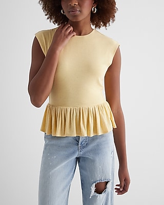 Skimming Linen-Blend Crew Neck Peplum Tee Yellow Women's S