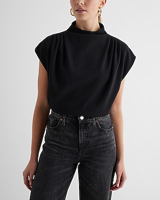Skimming Mock Neck Pleated Shoulder Bubble Top Black Women's M