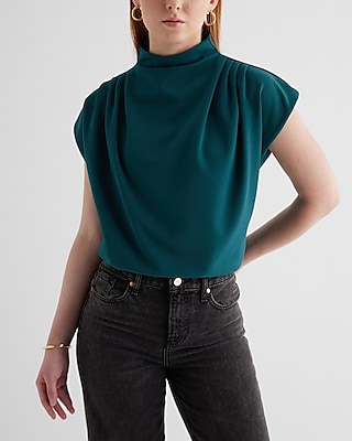 Skimming Mock Neck Pleated Shoulder Bubble Top
