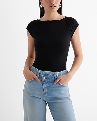 Fitted Boat Neck Cap Sleeve Tee Women
