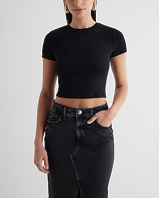Supersoft Fitted Ribbed Crew Neck Crop Top Black Women's M