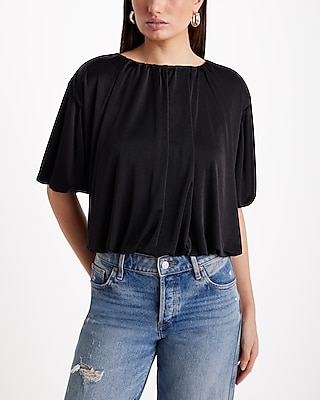 Satin Crew Neck Short Sleeve Ruched Bubble Tee Women's