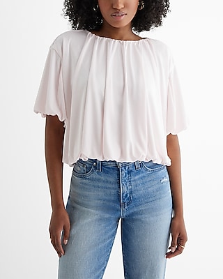 Satin Crew Neck Short Sleeve Ruched Bubble Tee