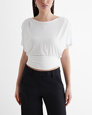 Crew Neck Tie Shoulder Ruched Banded Bottom Tee