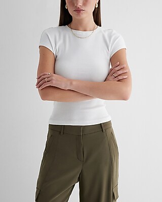 Fitted Ribbed Crew Neck Cap Sleeve Tee