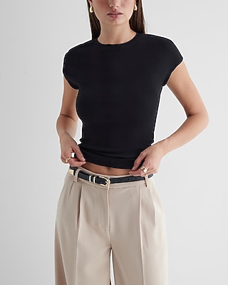 Fitted Ribbed Crew Neck Cap Sleeve Tee Black Women's S