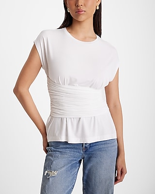 Crew Neck Short Sleeve Ruched Front Tee White Women's XS