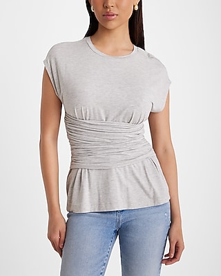 Crew Neck Short Sleeve Ruched Front Tee Gray Women's XS