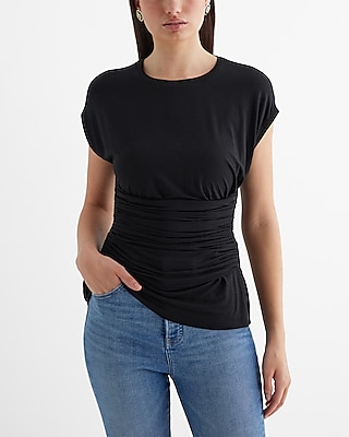 Crew Neck Short Sleeve Ruched Front Tee Black Women's L