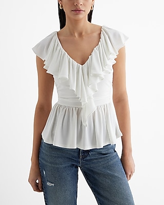 V-Neck Ruffle Peplum Top White Women's XL