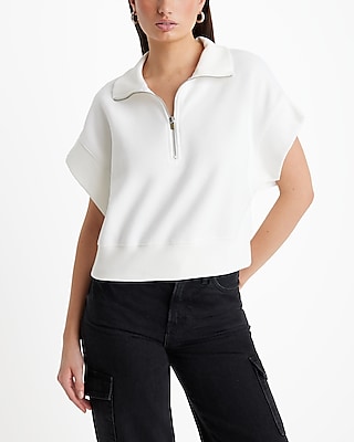 Luxe Comfort Quarter Zip Short Sleeve Fleece Sweatshirt White Women's M