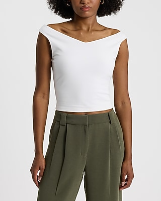 Body Contour Off The Shoulder Cropped Tee in Stretch Cotton