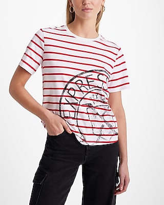 Skimming Striped X Crest Crew Neck Graphic Tee Multi-Color Women's S