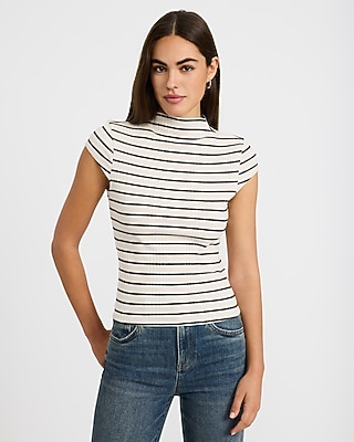 Striped Ribbed Mock Neck Cap Sleeve Tee in Stretch Cotton