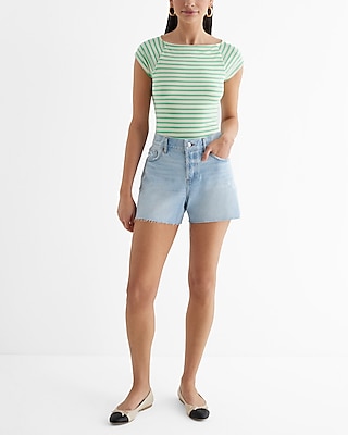 Fitted Striped Boat Neck Cap Sleeve Tee
