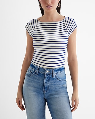 Fitted Striped Boat Neck Cap Sleeve Tee Blue Women's XL