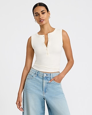 Ribbed Crew Neck Button Front Knit Tank