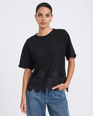 Crew Neck Short Sleeve Lace Trim Tee