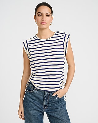 Striped Crew Neck Cap Sleeve Ruched Side Tie Tee