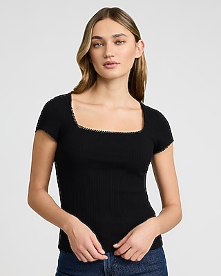 Express Women’s Pointelle Square Neck Short Sleeve T-Shirt in Pitch Black