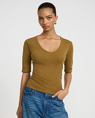 Fitted Ribbed V-Neck Elbow Sleeve Tee