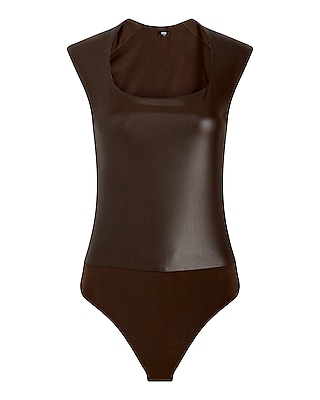 Body Contour Faux Leather Scoop Neck Cap Sleeve Bodysuit Brown Women