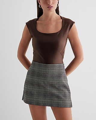 Bodycon Faux Leather Scoop Neck Cap Sleeve Bodysuit