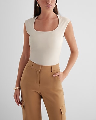 Bodycon Faux Leather Scoop Neck Cap Sleeve Bodysuit Neutral Women's L