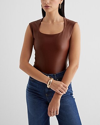 Bodycon Faux Leather Scoop Neck Cap Sleeve Bodysuit Brown Women's XS