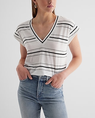 Skimming Striped V-Neck Short Sleeve Tee Multi-Color Women's L