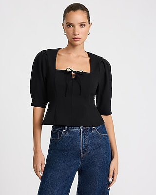 Bow Front Puff Sleeve Top in Studio Stretch Crepe