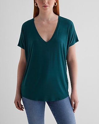 Casual Relaxed V-Neck Short Sleeve London Tee Green Women's XS