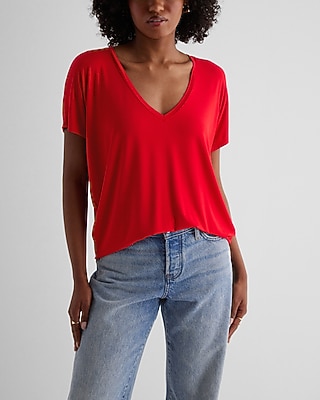 Casual Relaxed V-Neck Short Sleeve London Tee Red Women's XXS
