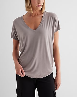 Casual Relaxed V-Neck Short Sleeve London Tee Gray Women's XS