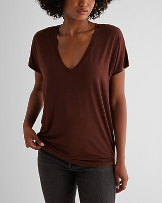 Casual Relaxed V-Neck Short Sleeve London Tee Brown Women's S