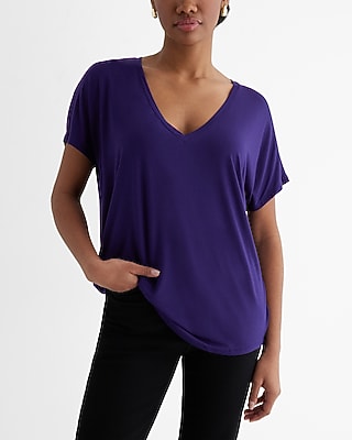 Casual Relaxed V-Neck Short Sleeve London Tee Purple Women's L