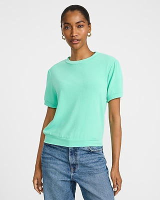 Relaxed Crepe Crew Neck Puff Sleeve Sweater