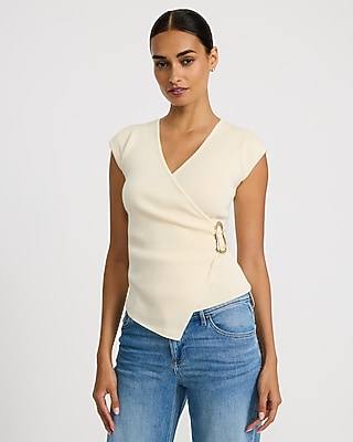 V-Neck Short Sleeve Gold Hardware Surplice Top