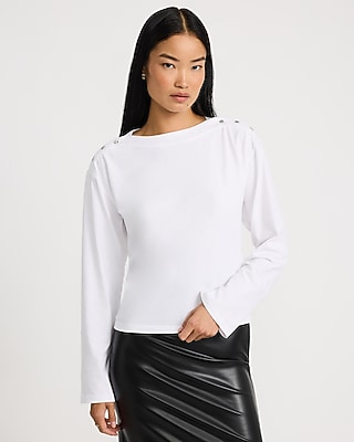 Cotton Crew Neck Long Sleeve Button Shoulder Tee